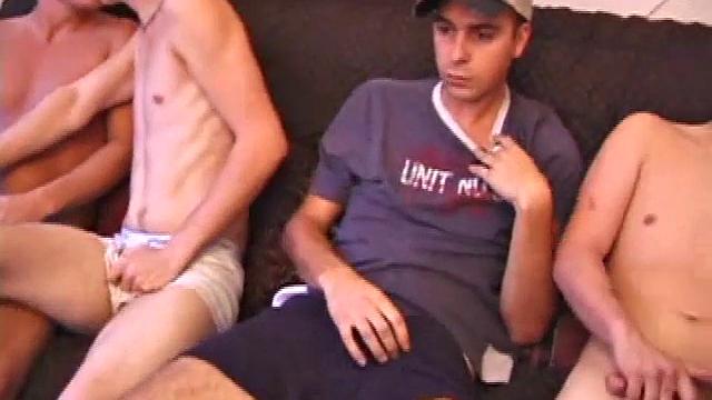 Roar, Devon Hart, Gunner Raines, Vincenzo and Matthew Matters have two porn videos going as they introduce themselves. While the boys joke around about which porn stars look better, their boners keep reacting to whatever they're watching.