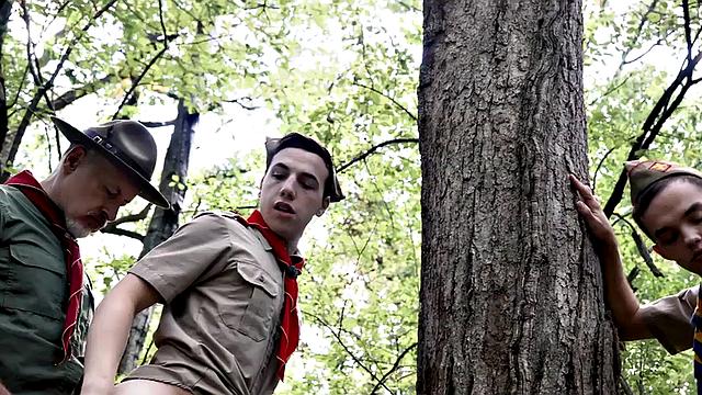 Gay scout twinks barebacked in outdoor orgy