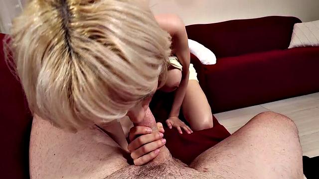 Teasing babe with big boobs sucks and wanks cock