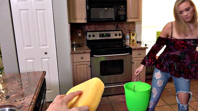 Stepmom with tattoos gives POV BJ and rides stepson's hard dick in denim jeans