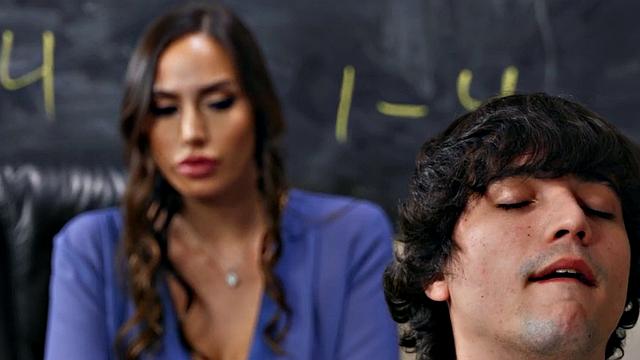 Busty teacher rides short student during class