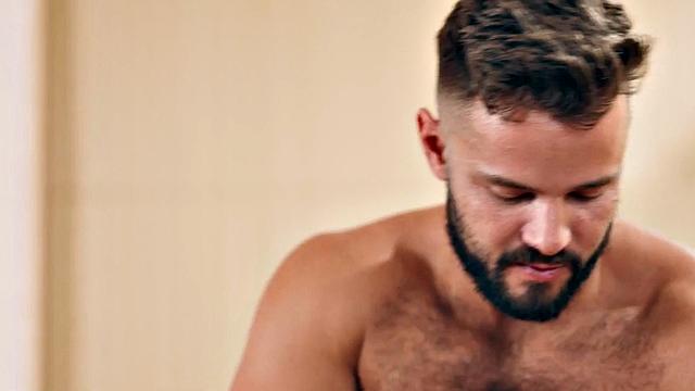 Massaging muscled Jock barebacking lover's oiled asshole