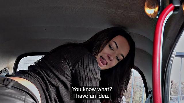 Kinky brunette dancer gives a VIP dance to lucky dude in a car