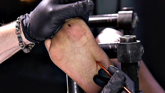 Feet tormented Ebony sub gets whipped by her master