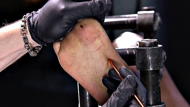 Feet tormented Ebony sub gets whipped by her master