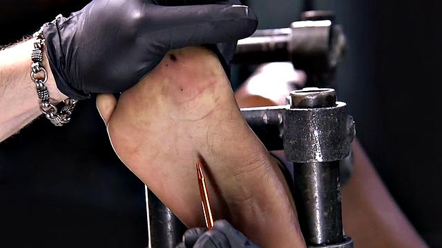 Feet tormented Ebony sub gets whipped by her master