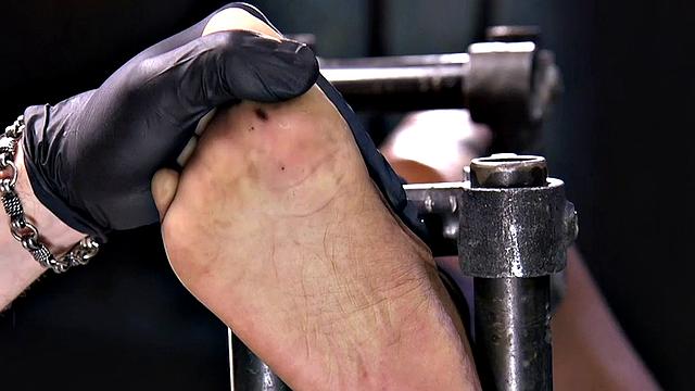 Feet tormented Ebony sub gets whipped by her master