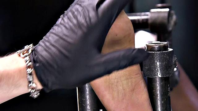 Feet tormented Ebony sub gets whipped by her master