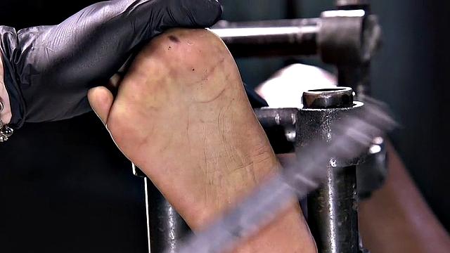 Feet tormented Ebony sub gets whipped by her master