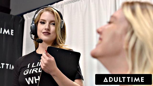 ADULT TIME - Busty Lesbians Octavia Red & Kenna James CAUGHT EATING On Podcast Set! FULL SCENE