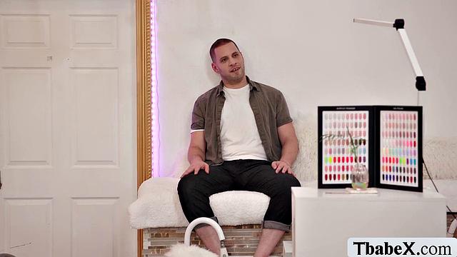 My regular customer gives me a footjob at my place