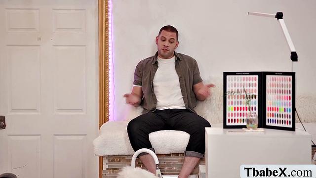 My regular customer gives me a footjob at my place