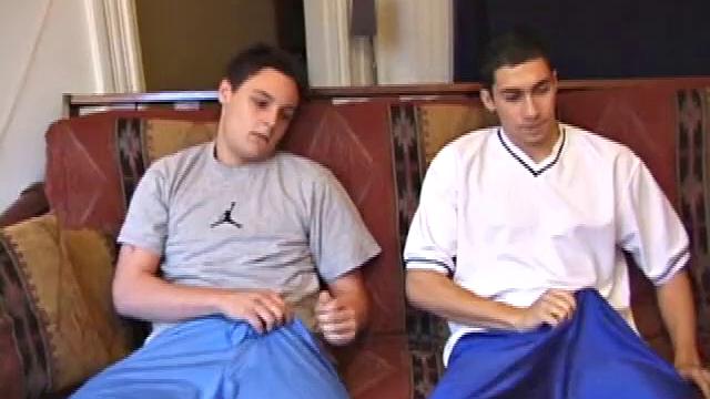 Levi and Gunner work up a couple of stiff ones, and then strip naked and get down to business. These horny guys exchange blow jobs, switching off on each other, until they both blow big messy loads.
