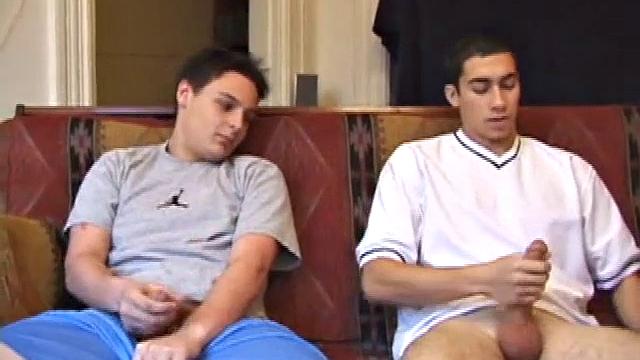 Levi and Gunner work up a couple of stiff ones, and then strip naked and get down to business. These horny guys exchange blow jobs, switching off on each other, until they both blow big messy loads.