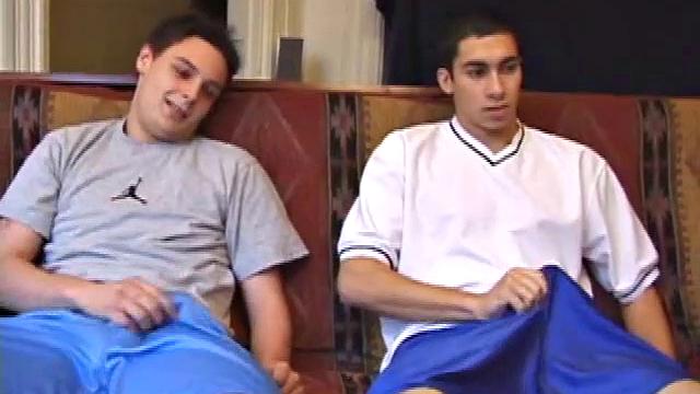 Levi and Gunner work up a couple of stiff ones, and then strip naked and get down to business. These horny guys exchange blow jobs, switching off on each other, until they both blow big messy loads.