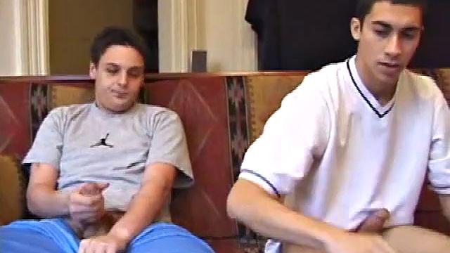 Levi and Gunner work up a couple of stiff ones, and then strip naked and get down to business. These horny guys exchange blow jobs, switching off on each other, until they both blow big messy loads.