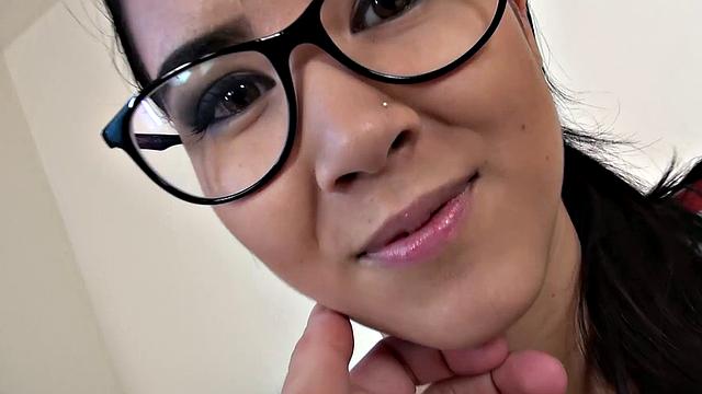 Cute Teen in Glasses Sucks like a Slut