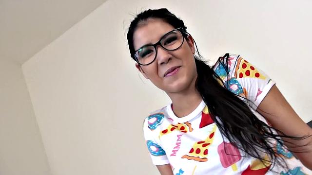 Cute Teen in Glasses Sucks like a Slut