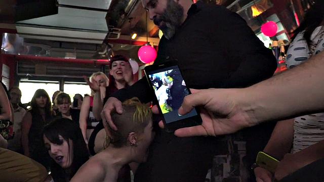 Public slut sucking before anal in front of voyeurs