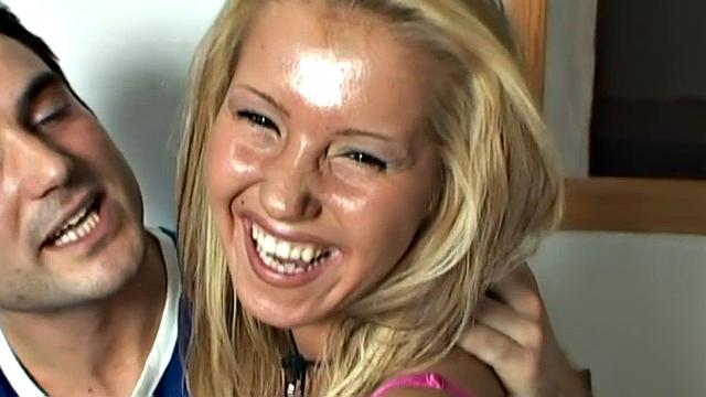 A blonde teen's shaved pussy get gaped and fingered up close and personal