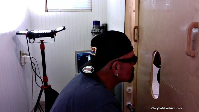 Gloryhole session with a hard cock milking from another man