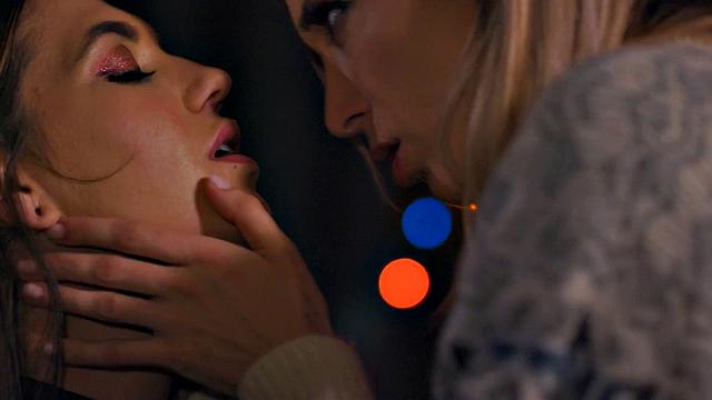 Babe dykes in stockings enjoy sapphic Xmas sex on the couch