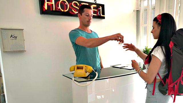 Hostel busty inked babe licked and fucked in room