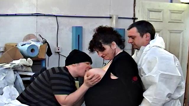 Busty Kim sucks off workers