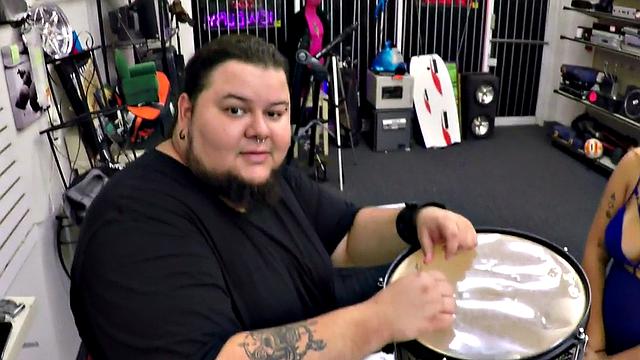 Busty pawnshop babe rubs clit before POV bj shop