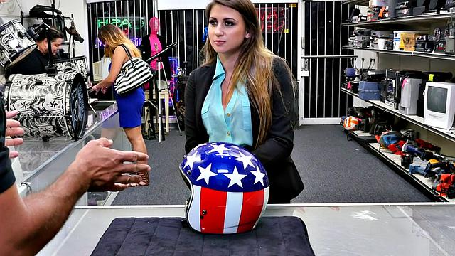 Busty pawnshop babe rubs clit before POV bj shop