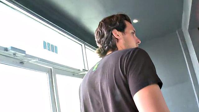 Real str8 gets gloryhole gay BJ with voyeur babe