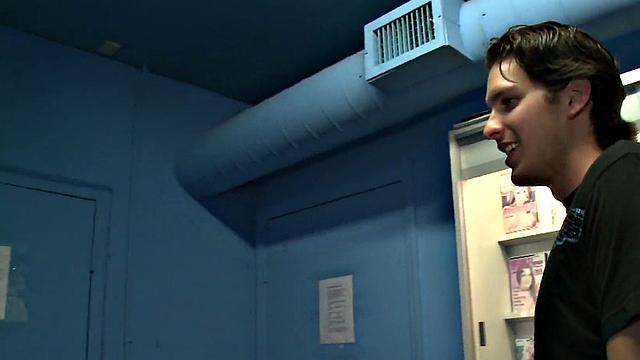 Real str8 gets gloryhole gay BJ with voyeur babe