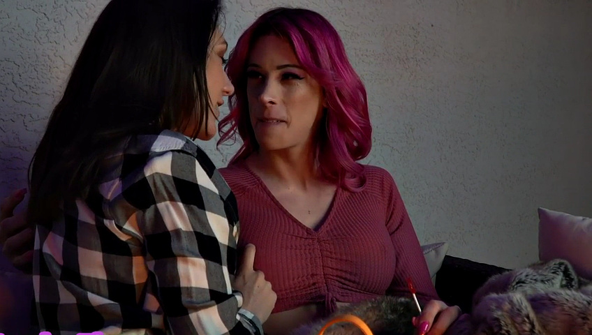 TS MILF with pink hair fucks the hairy pussy of a rimjob babe