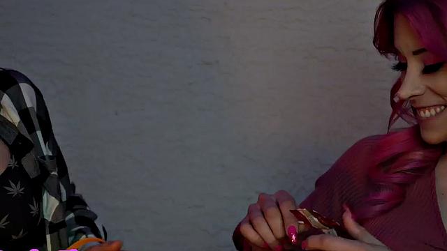 TS MILF with pink hair fucks the hairy pussy of a rimjob babe