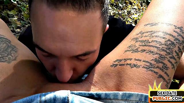 Inked public MILF rides guy outdoors after blowjob