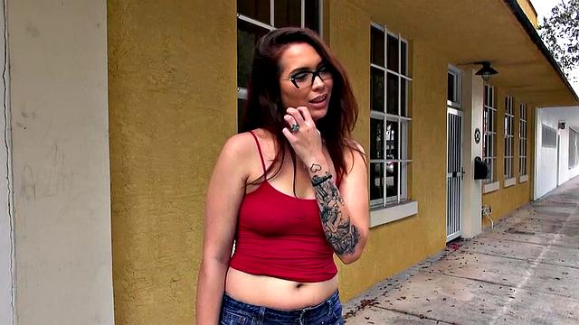 Brunette with glasses deepthroats and takes it from behind in POV