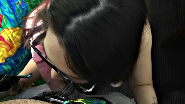 Brunette with glasses deepthroats and takes it from behind in POV