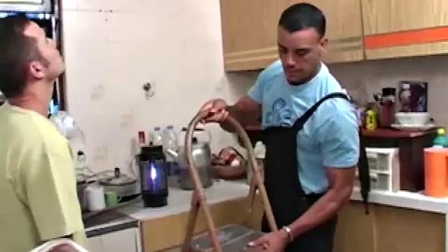 Gomez Aguilar is helping Richard Pene with some work.  Gomez gets on a ladder and Richard ends up stripping him down to his extra large dick. He does his best to take it in his mouth, but the size is just too much.