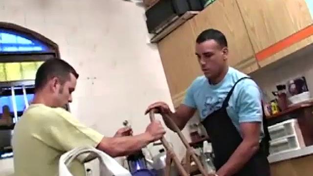 Gomez Aguilar is helping Richard Pene with some work.  Gomez gets on a ladder and Richard ends up stripping him down to his extra large dick. He does his best to take it in his mouth, but the size is just too much.