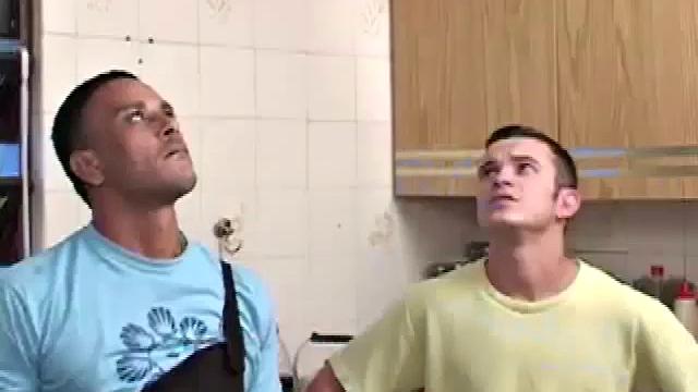 Gomez Aguilar is helping Richard Pene with some work.  Gomez gets on a ladder and Richard ends up stripping him down to his extra large dick. He does his best to take it in his mouth, but the size is just too much.