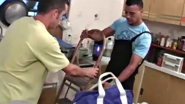 Gomez Aguilar is helping Richard Pene with some work.  Gomez gets on a ladder and Richard ends up stripping him down to his extra large dick. He does his best to take it in his mouth, but the size is just too much.