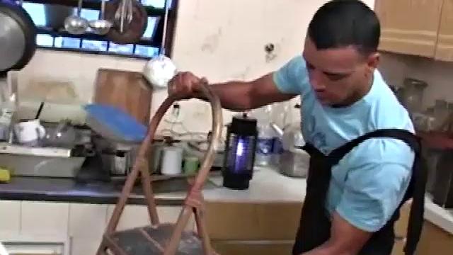 Gomez Aguilar is helping Richard Pene with some work.  Gomez gets on a ladder and Richard ends up stripping him down to his extra large dick. He does his best to take it in his mouth, but the size is just too much.