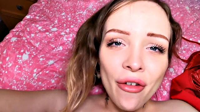 Stepdad pounds tight pussy of stepdaughter in her tight shaved muff up close and personal