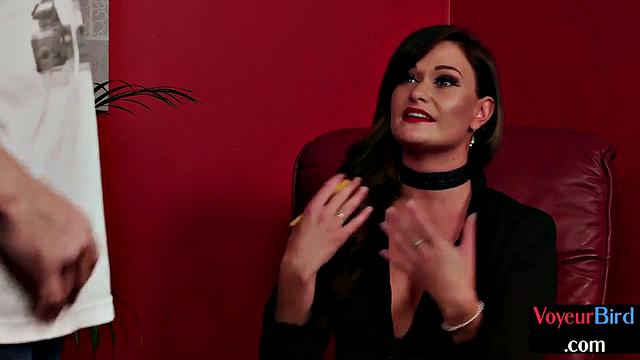 CFNM classy British babe teases man till cum