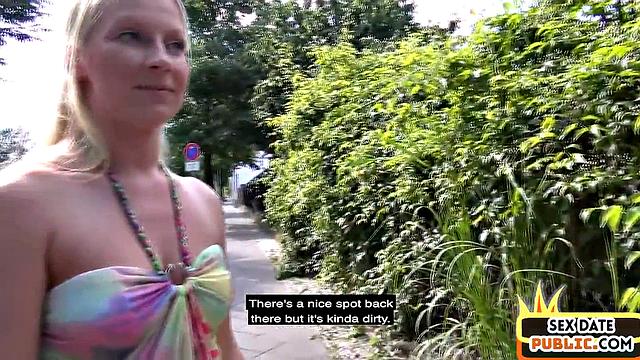Public blonde pounded in threesome