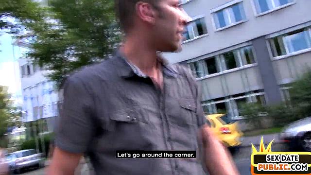 Public blonde pounded in threesome