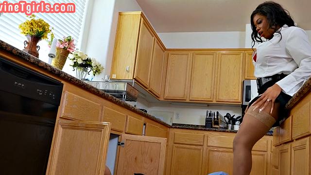 Busty TS Ebony cums on BFs face after bathroom anal