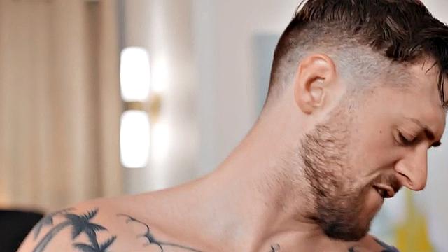 Eager handsome jock barebacking in affair on sofa