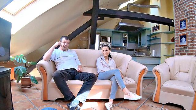 HUNT4K. Chick with smooth pussy enjoys cock while hubby watches