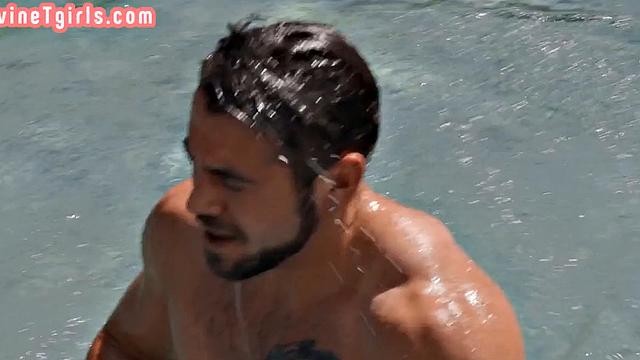 Divine bigtitted Trans bareback outdoor at pool